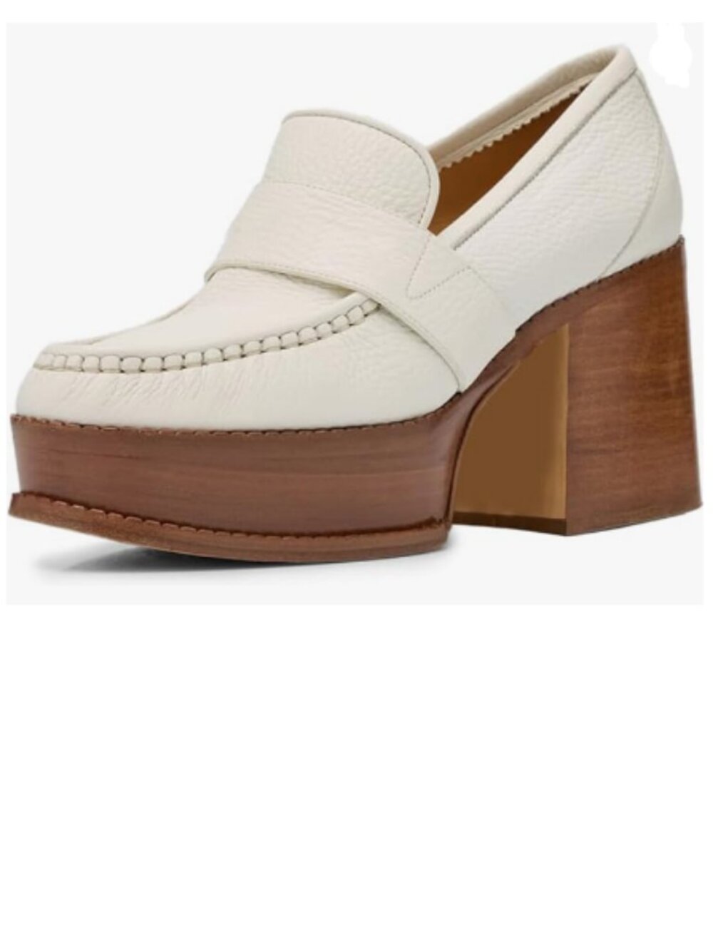 YDN White Platform Stacked Heel Loafers Round Toe Chunky Mid Heels Slip On Pumps